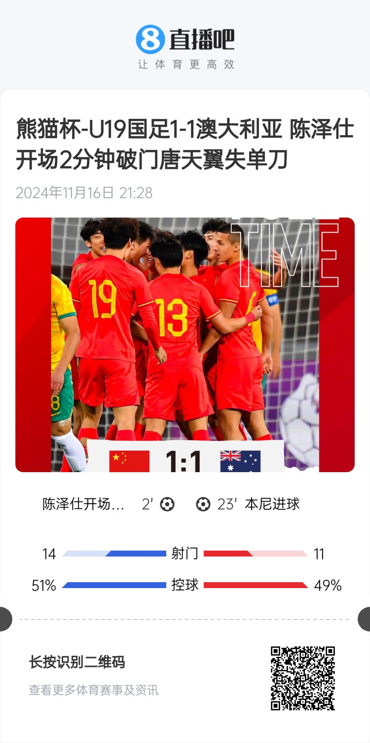 二番戰(zhàn)！U20國(guó)青與澳大利亞去年熊貓杯剛有過交手，雙方1-1戰(zhàn)平