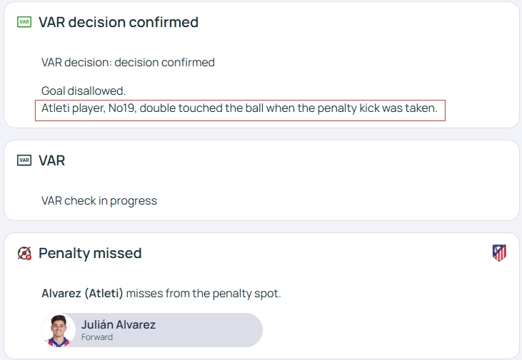 官方明確！歐冠官網(wǎng)：阿爾瓦雷斯罰點(diǎn)時(shí)2次觸球，VAR決定進(jìn)球無效