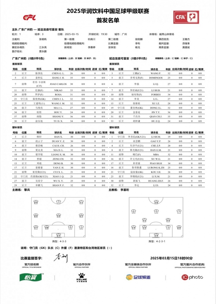 廣州豹vs延邊龍鼎首發(fā)：卡洛斯、羅薩、尼康三外援領銜廣州豹