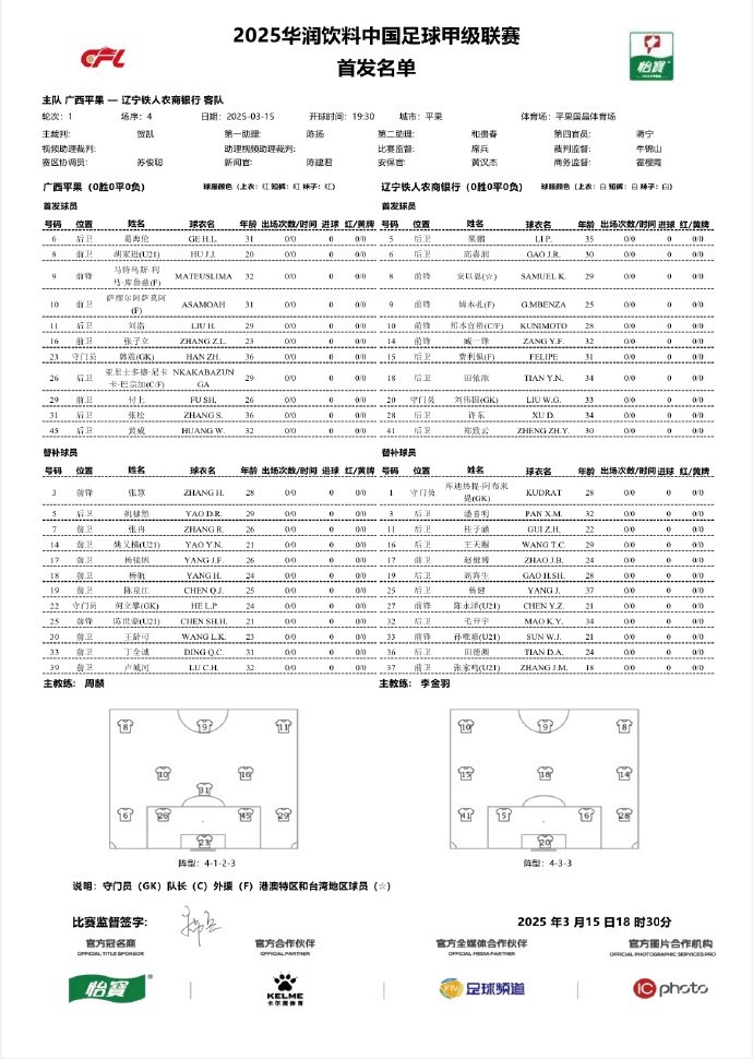 中甲-廣西平果vs遼寧鐵人首發(fā)：三外援對決三外援，安以恩出戰(zhàn)